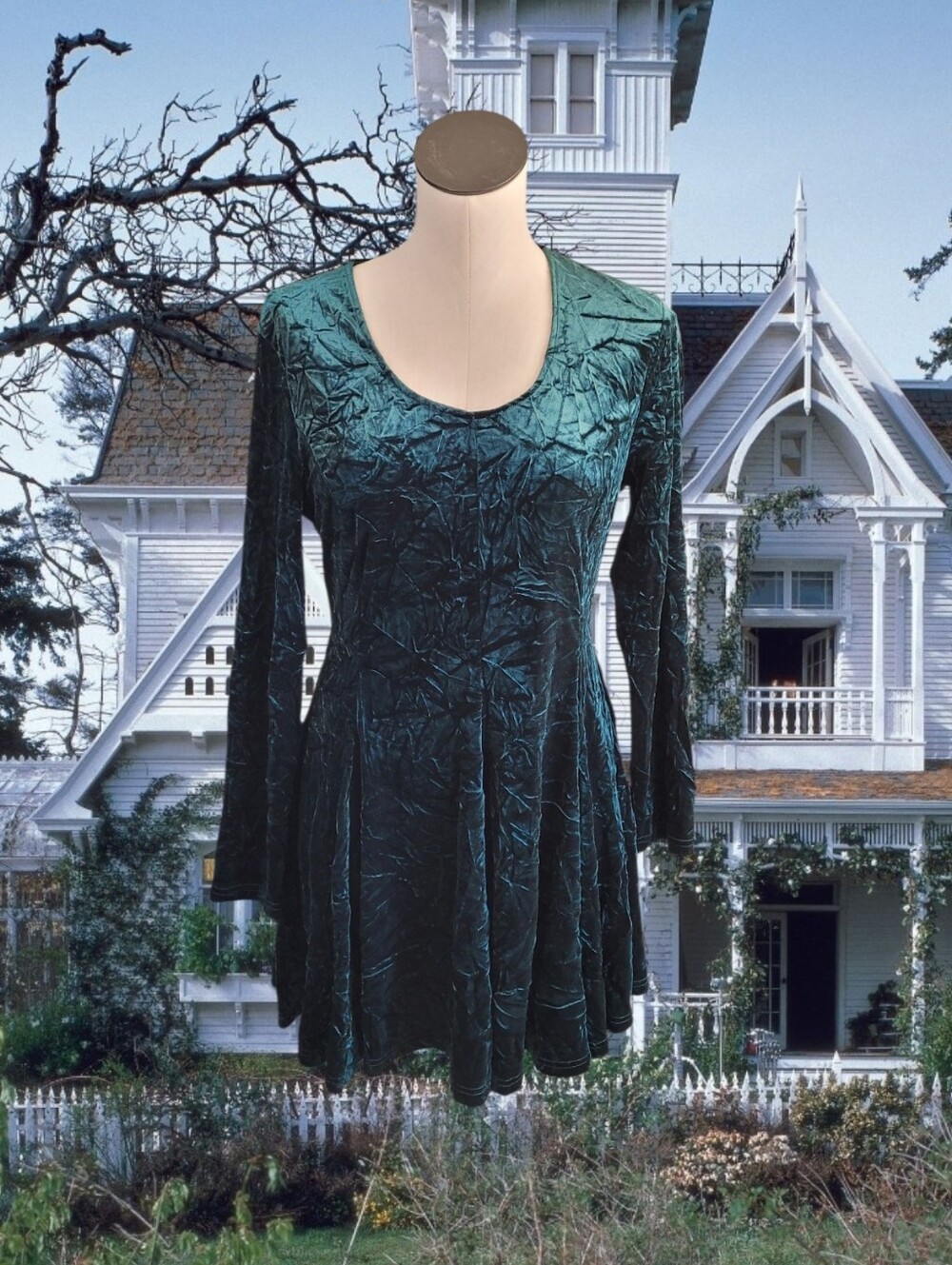 Crushed Velvet Long-Sleeve Skater Dress